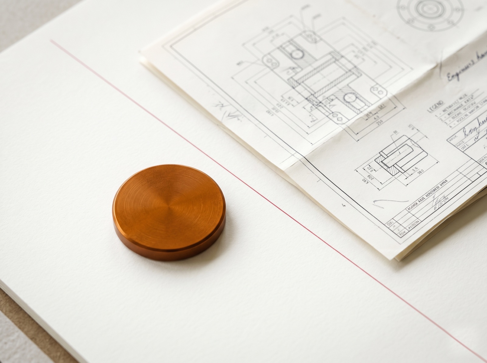 Solid amber cast-metal token on cream paper beside a folded technical blueprint — Raigate engineering archetype