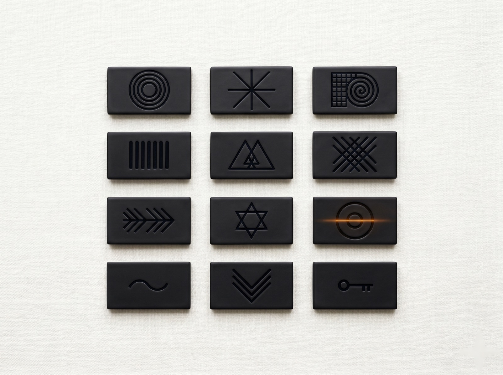 Twelve matte-black ceramic tiles arranged in a grid, each embossed with a distinct geometric module mark, one of them glowing amber