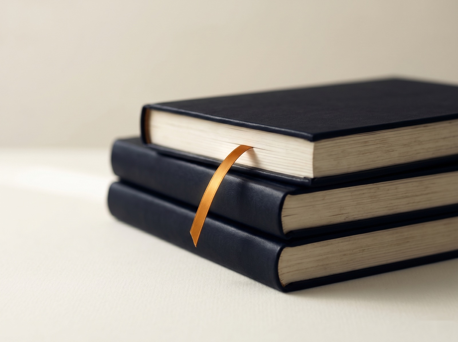 Three stacked navy leather-bound ledgers with an amber ribbon bookmark on a cream surface