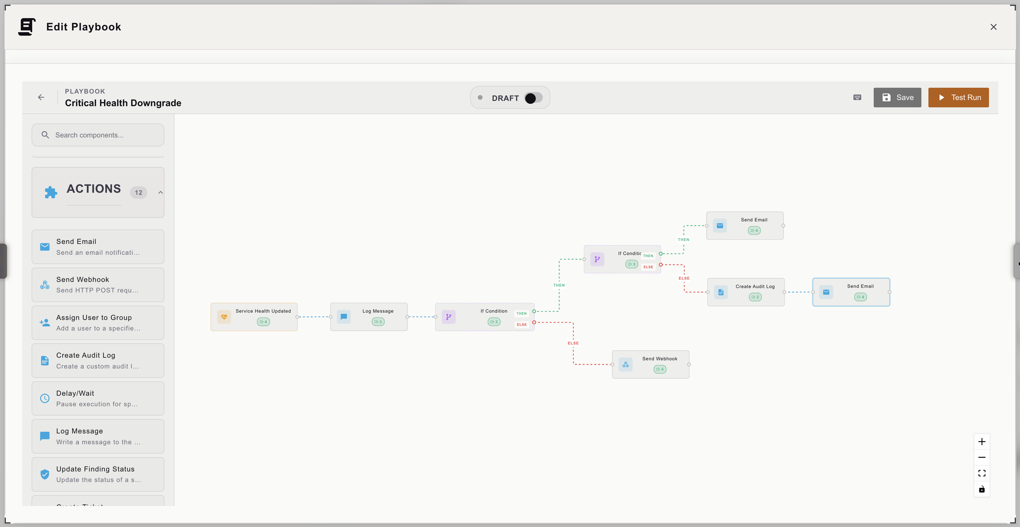 Krasper Suite SOAR playbook editor showing automated incident response workflow with enrichment, decision, and response steps